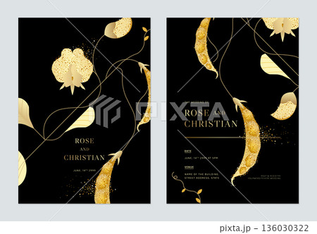 Floral wedding invitation card template design, golden sweet pea on black 136030322
