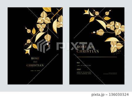 Floral wedding invitation card template design, golden Bougainvillea flowers with leaves on black Floral wedding invitation card template design, golden Bougainvillea flowers with leaves on black 136030324