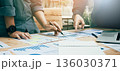 Business partnership coworkers using a tablet to analysis graph company financial budget report and cost work progress and planning for future in office room. 136030371