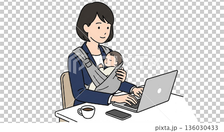 赤ちゃんをだっこしてテレワークをするママ 136030433