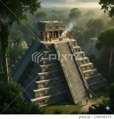 古代文明の神殿と人々の儀式を描いた歴史イラスト 古代文明の神殿と人々の儀式を描いた歴史イラスト 136030573