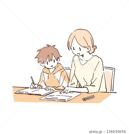 お母さんに勉強を教えてもらう男の子 お母さんに勉強を教えてもらう男の子 136030656