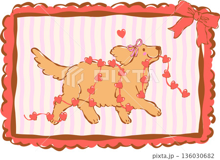 Cute Valentine Dog with Heart Garland  in Vintage Frame Whimsical Hand Drawn 136030682