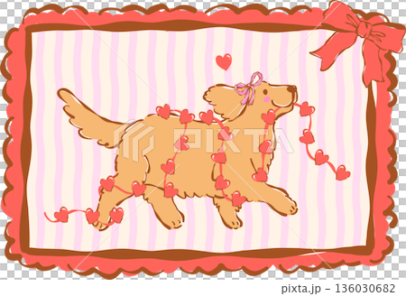 Cute Valentine Dog with Heart Garland  in Vintage Frame Whimsical Hand Drawn 136030682
