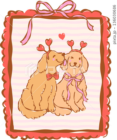 Cute Valentine Dogs Happy Couple in Vintage Frame Whimsical Hand Drawn 136030686