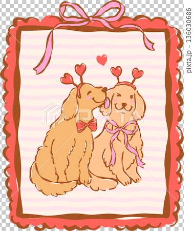 Cute Valentine Dogs Happy Couple in Vintage Frame Whimsical Hand Drawn 136030686