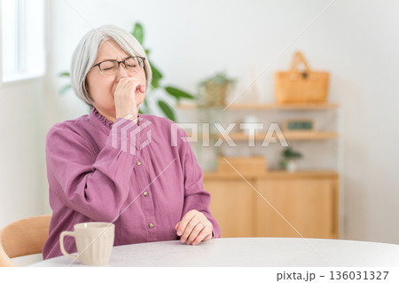 花粉症,アレルギー,ハウスダストで鼻詰まりに悩むシニア女性 136031327