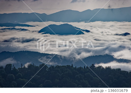 会津駒ヶ岳稜線から朝の山並みと雲海 136031679