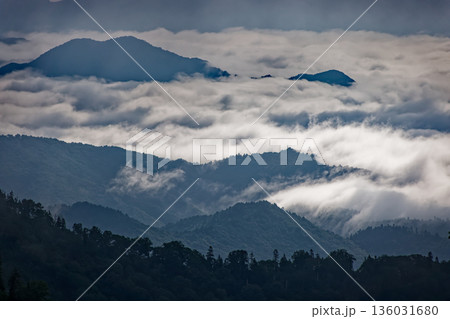 会津駒ヶ岳稜線から朝の山並みと雲海 136031680
