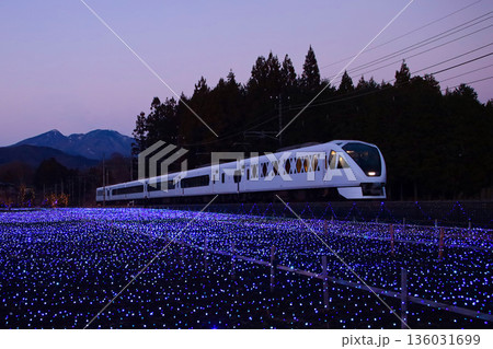 日光市　東武鬼怒川線　イルミネーションの中を走行するスペーシアⅹ 136031699