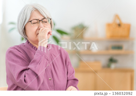 花粉症,アレルギー,ハウスダストで鼻詰まりに悩むシニア女性 花粉症,アレルギー,ハウスダストで鼻詰まりに悩むシニア女性 136032092