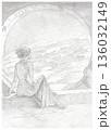 Hand-drawn pencil sketch of a woman sitting by a space colony window looking at Earth 136032149