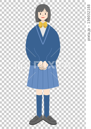 高中女生全身插畫，留著波波頭，身穿制服。 136032188
