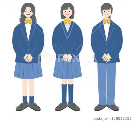 制服を着て立つ3人の女子高校生の全身イラスト｜セット 136032193