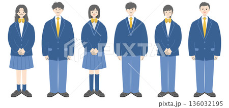 制服を着て立つ男女6人の高校生の全身イラスト｜セット 136032195
