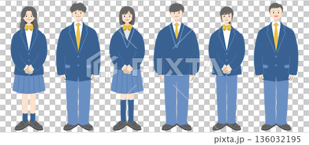 制服を着て立つ男女6人の高校生の全身イラスト｜セット 136032195