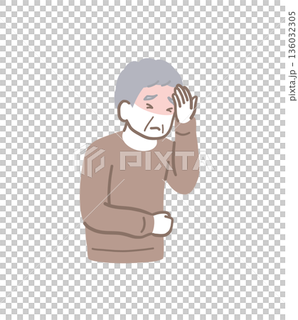 Illustration material of an elderly man holding his head due to a headache 136032305