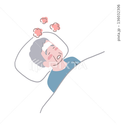 熱が出て寝込むシニアの男性のイラスト素材 熱が出て寝込むシニアの男性のイラスト素材 136032306