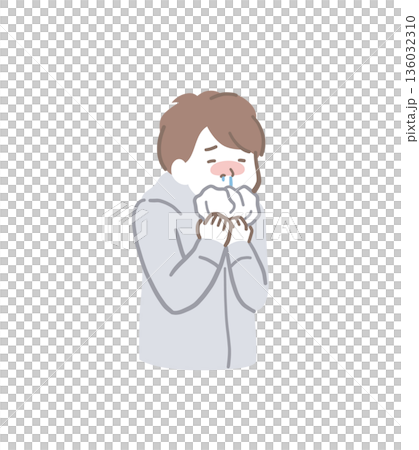Illustration material of a man with a runny nose blowing his nose with a tissue Illustration material of a man with a runny nose blowing his nose with a tissue 136032310