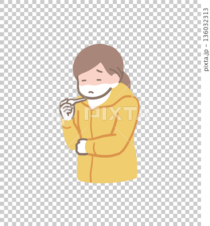 插畫資料:一位發燒的女士正在用體溫計測量體溫 插畫資料:一位發燒的女士正在用體溫計測量體溫 136032313