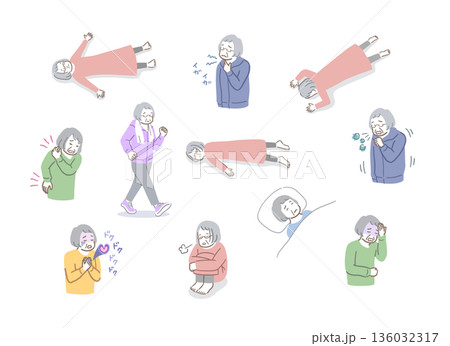 具合が悪そうな年配の女性のイラストセット 具合が悪そうな年配の女性のイラストセット 136032317