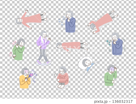 具合が悪そうな年配の女性のイラストセット 具合が悪そうな年配の女性のイラストセット 136032317