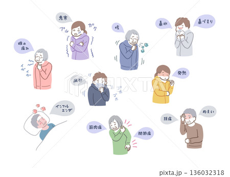 風邪などの体調不良で苦しむ男性と女性のイラストセット 136032318