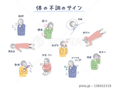シニア女性の体の不調サインのイラストセット シニア女性の体の不調サインのイラストセット 136032319