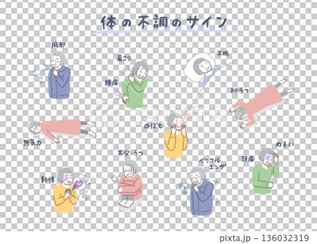 シニア女性の体の不調サインのイラストセット シニア女性の体の不調サインのイラストセット 136032319