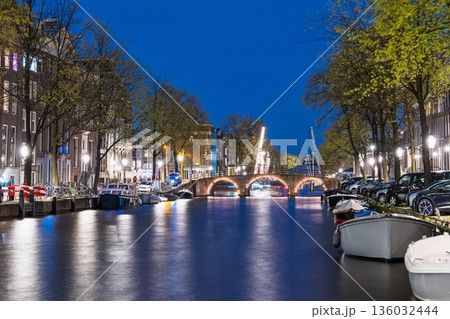 Amsterdam Canal Serenity Evening Reflections on a Picturesque Dutch Waterway in the Netherlands 136032444