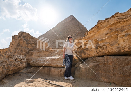 Woman at the Giza Pyramid, Egypt, Travel and Ancient Wonders, Cultural Heritage Site 136032445