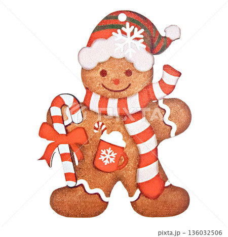 A cute Christmas gingerbread man wearing a Santa hat and striped scarf, holding a candy cane. This isolated gingerbread man is perfect for Christmas cards, gift wrapping, children's design, seasonal 136032506