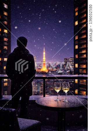 都会暮らしのイメージ画|ベランダから夜景を見る男性のシルエット Generative AI 都会暮らしのイメージ画|ベランダから夜景を見る男性のシルエット Generative AI 136032580