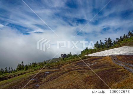 初夏の会津駒ヶ岳稜線の湿原と駒の小屋 136032678