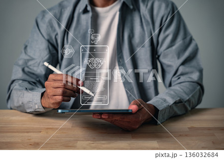 AI showing businessman utilizing a tablet with digital transformation for daily life and business, depicting an artificial intelligence brain and Internet of Things, using powerful ai capabilities 136032684
