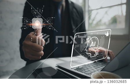 AI is used for automation to detect fingerprints, a technology solution shown as a person accesses a virtual screen using ai, for secure intelligent system login AI is used for automation to detect fingerprints, a technology solution shown as a person accesses a virtual screen using ai, for secure intelligent system login 136032685
