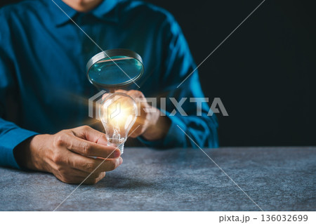 Employment business job search concept, light bulb, new future career idea, education collage, man with magnifying glass shows employment success and professional growth goals Employment business job search concept, light bulb, new future career idea, education collage, man with magnifying glass shows employment success and professional growth goals 136032699