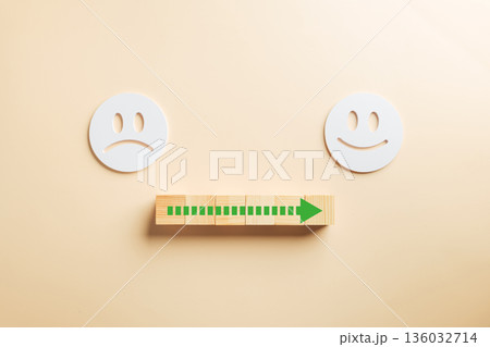 Customer satisfaction journey, before and after, depicts unhappy face transforming to happy face, improving business service experience and reputation review feedback Customer satisfaction journey, before and after, depicts unhappy face transforming to happy face, improving business service experience and reputation review feedback 136032714