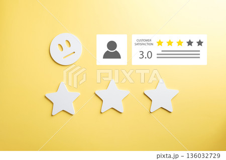 Star feedback, customer review rating shows neutral three star service quality, 3.0 satisfaction with product experience displayed with three stars, indifferent face icon, yellow background Star feedback, customer review rating shows neutral three star service quality, 3.0 satisfaction with product experience displayed with three stars, indifferent face icon, yellow background 136032729