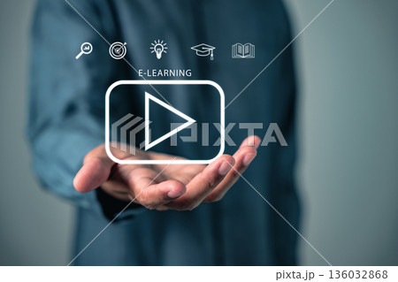 Hand presents e-learning and shows icons for analytics, an idea, a cap, a book and a video, showcasing online digital education methods for promoting better online learning Hand presents e-learning and shows icons for analytics, an idea, a cap, a book and a video, showcasing online digital education methods for promoting better online learning 136032868