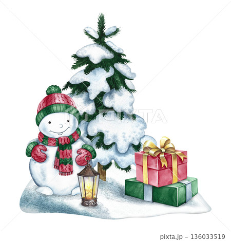 A Christmas snowman next to a snow-covered Christmas tree, gift boxes, and a lantern. Hand-drawn watercolor illustration. Colorful isolated image. Perfect for postcards, posters, banners, and more. 136033519