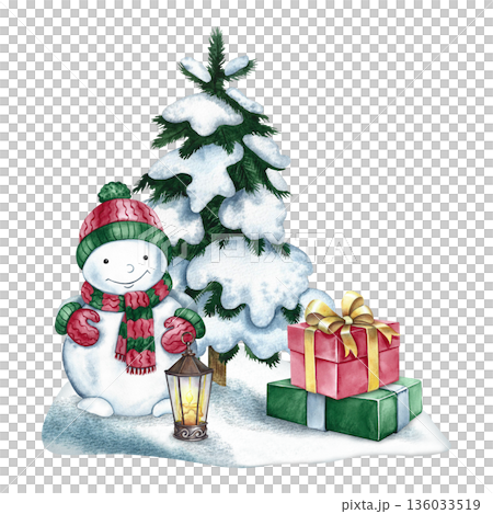 A Christmas snowman next to a snow-covered Christmas tree, gift boxes, and a lantern. Hand-drawn watercolor illustration. Colorful isolated image. Perfect for postcards, posters, banners, and more. A Christmas snowman next to a snow-covered Christmas tree, gift boxes, and a lantern. Hand-drawn watercolor illustration. Colorful isolated image. Perfect for postcards, posters, banners, and more. 136033519