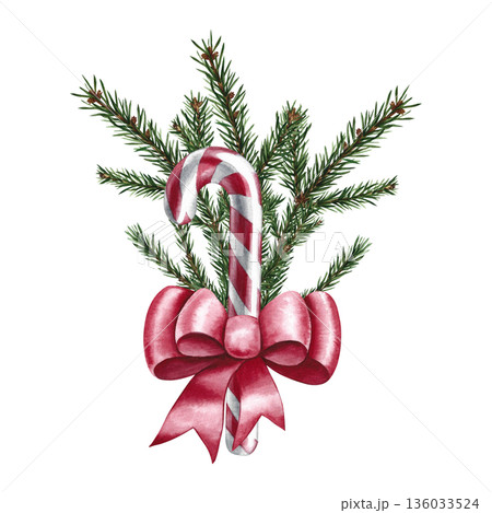 Christmas candy cane decorated with a red bow and fir twigs. Hand-drawn watercolor illustration. Isolate. Element of your design. Perfect for Christmas cards, posters, banners, packaging, and more. Christmas candy cane decorated with a red bow and fir twigs. Hand-drawn watercolor illustration. Isolate. Element of your design. Perfect for Christmas cards, posters, banners, packaging, and more. 136033524