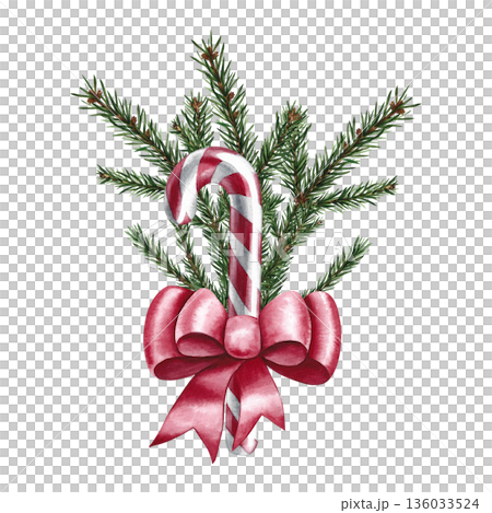 Christmas candy cane decorated with a red bow and fir twigs. Hand-drawn watercolor illustration. Isolate. Element of your design. Perfect for Christmas cards, posters, banners, packaging, and more. Christmas candy cane decorated with a red bow and fir twigs. Hand-drawn watercolor illustration. Isolate. Element of your design. Perfect for Christmas cards, posters, banners, packaging, and more. 136033524