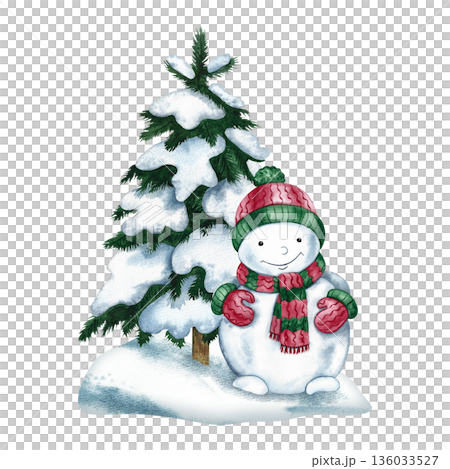 A Christmas cute snowman next to a snow-covered Christmas tree. Hand-drawn watercolor illustration. Colorful image isolated. Perfect for postcards, posters, banners, packaging, and more. A Christmas cute snowman next to a snow-covered Christmas tree. Hand-drawn watercolor illustration. Colorful image isolated. Perfect for postcards, posters, banners, packaging, and more. 136033527