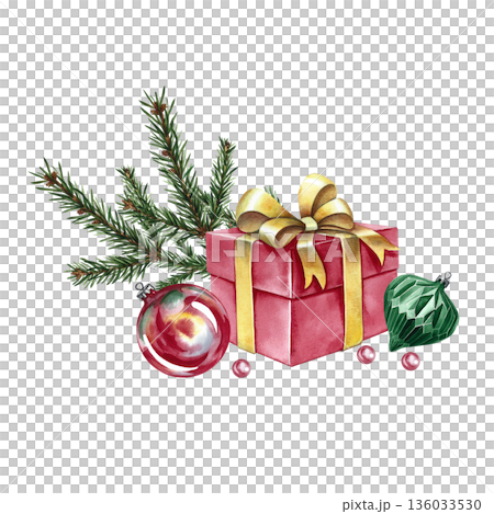 Christmas composition, gift box, decorations, and a spruce branch. Hand-drawn watercolor illustration. For Christmas and New Year design for greeting cards, posters, banners, packaging, and more. Christmas composition, gift box, decorations, and a spruce branch. Hand-drawn watercolor illustration. For Christmas and New Year design for greeting cards, posters, banners, packaging, and more. 136033530