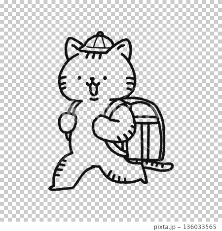 Cute cat carrying a school bag - line drawing Cute cat carrying a school bag - line drawing 136033565