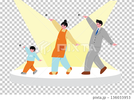 一幅描繪一家人在舞台上跳舞的插圖 136033953