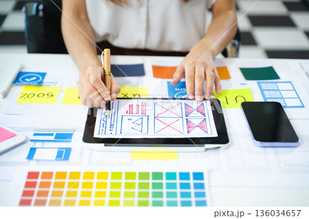UX developer and ui designer brainstorming about mobile app interface wireframe design with customer breif and color code 136034657