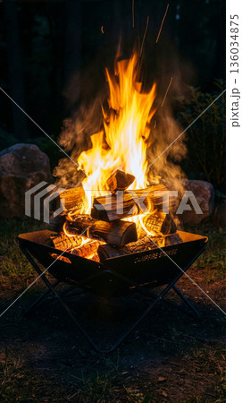 キャンプでの焚き火 136034875